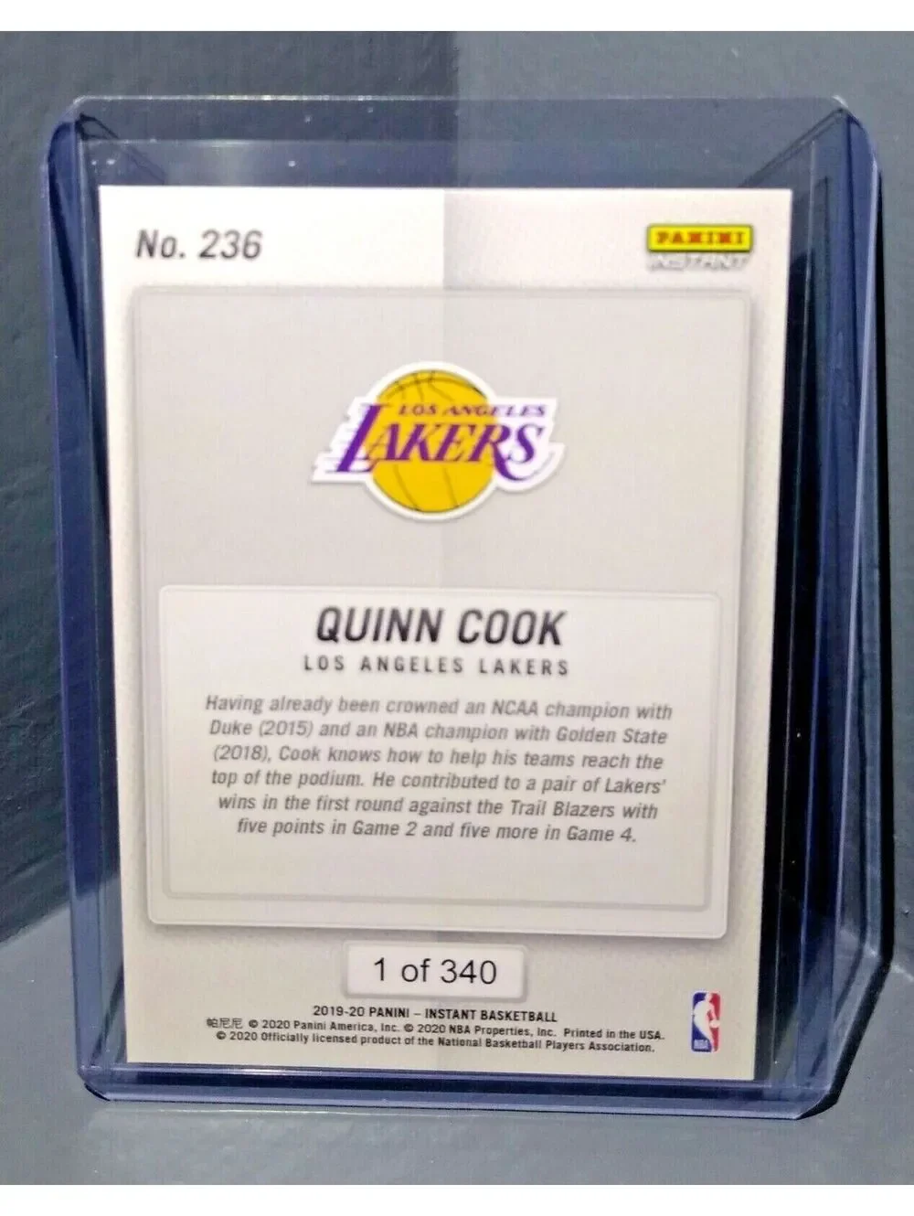 Quinn Cook 2019-20 Panini NBA Instant Lakers #236 Basketball Card 1 of 340